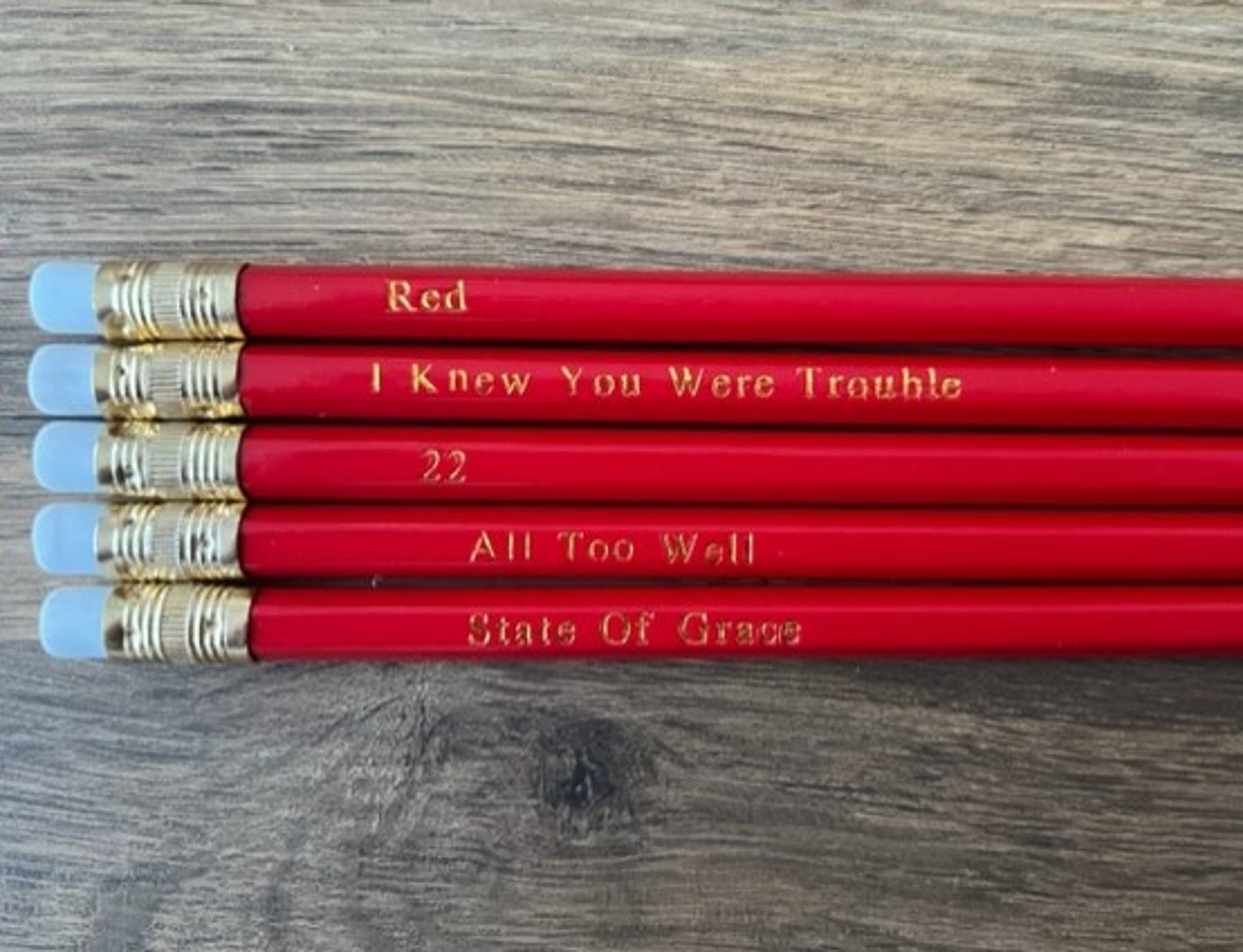 Taylor Swift Pencils Customised Red Pencils Featuring Red Song Titles 