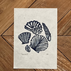 Blue Seashells Linocut Print