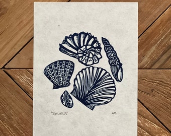 Blue Seashells Linocut Print