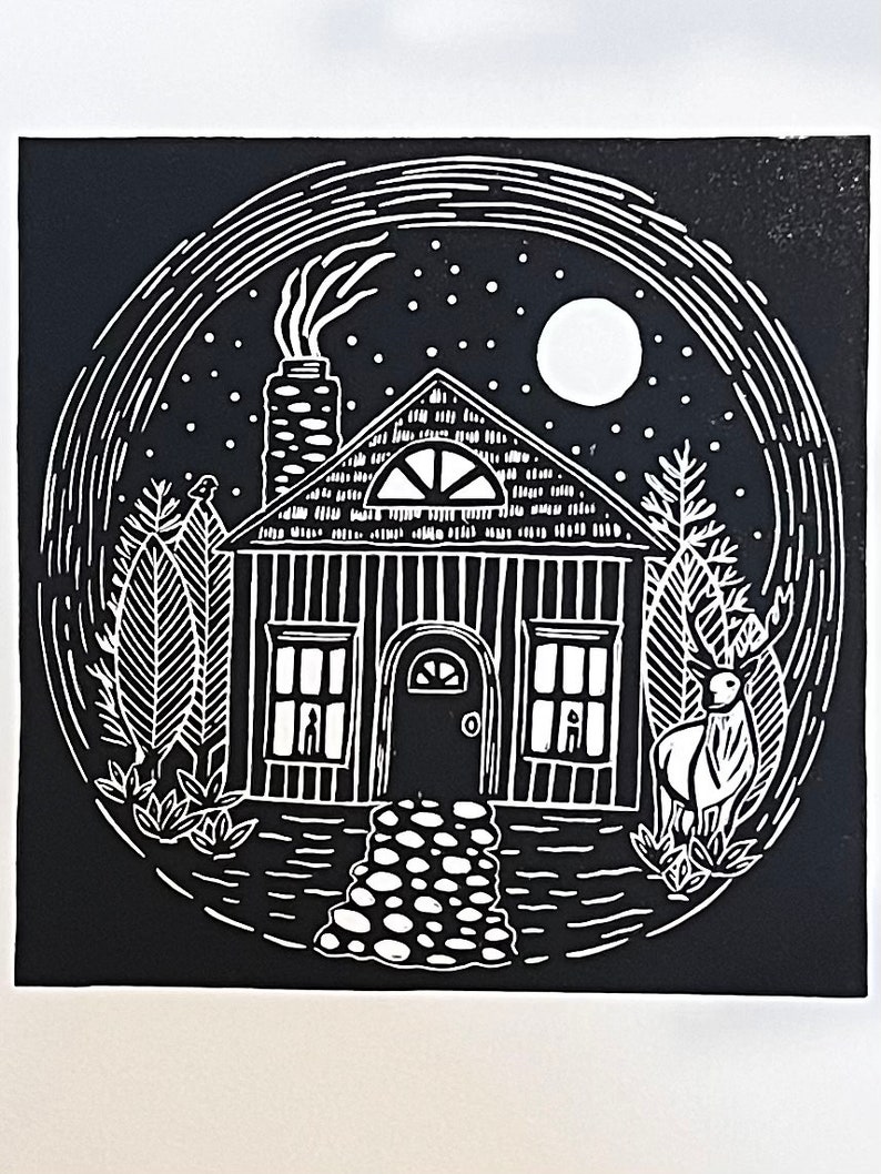 Hygge Cabin in the Woods Linocut Print image 2