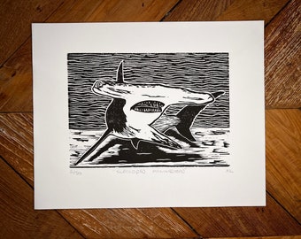 Scalloped Hammerhead Shark Linocut Print