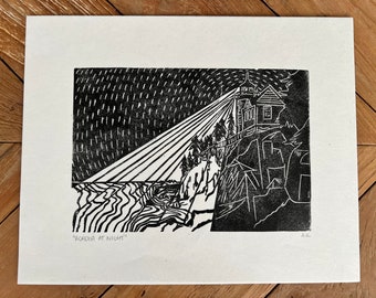 Acadia National Park at Night (Bass Harbor Head Lighthouse) Linocut Print