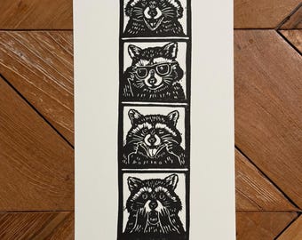 Photo Booth Raccoon Linocut Art Print