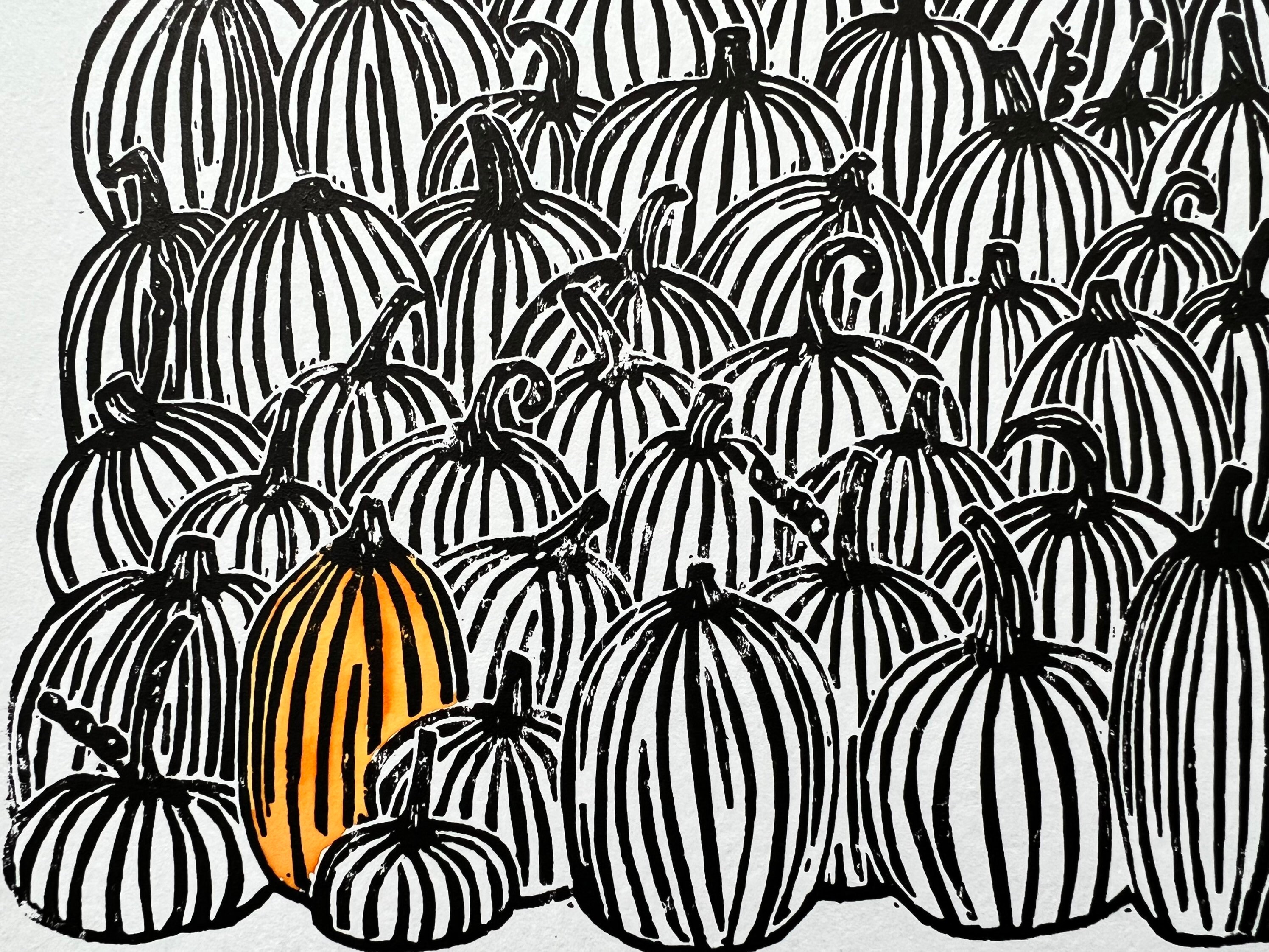 Pumpkin Pile Fall Linocut Print - Etsy
