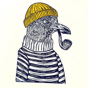 May include: A black and white linocut print of a bird wearing a yellow beanie, striped sweater, and smoking a pipe. The bird has a detailed, textured appearance, with a nautical theme. The print is on a white background.