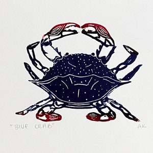 Blue Crab Linocut Print Red and Blue Crab