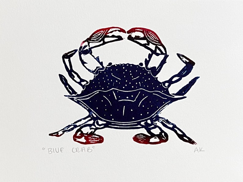 Blue Crab Linocut Print Red and Blue Crab