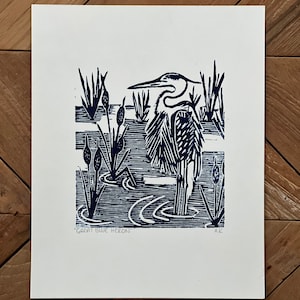 Great Blue Heron Linocut Art Print