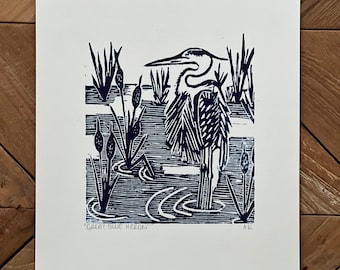 Great Blue Heron Linocut Art Print