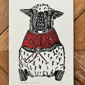 Sweater Weather Knitting Lamb Linocut Print
