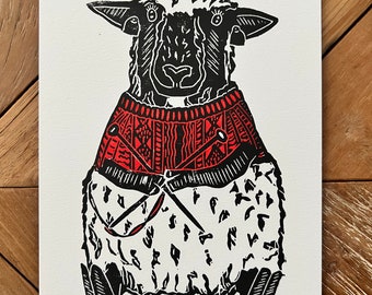 Sweater Weather Knitting Lamb Linocut Print