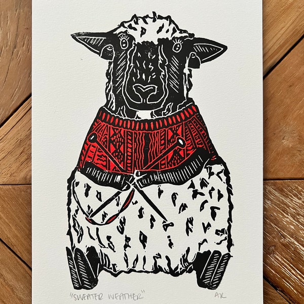 Sweater Weather Knitting Lamb Linocut Print