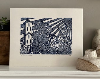 Butterfly Garden Linocut Print