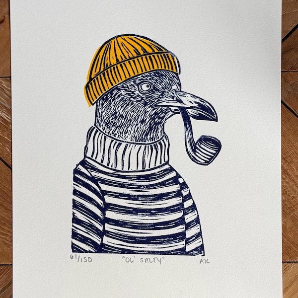 Ol’ Salty Seagull Linocut Print