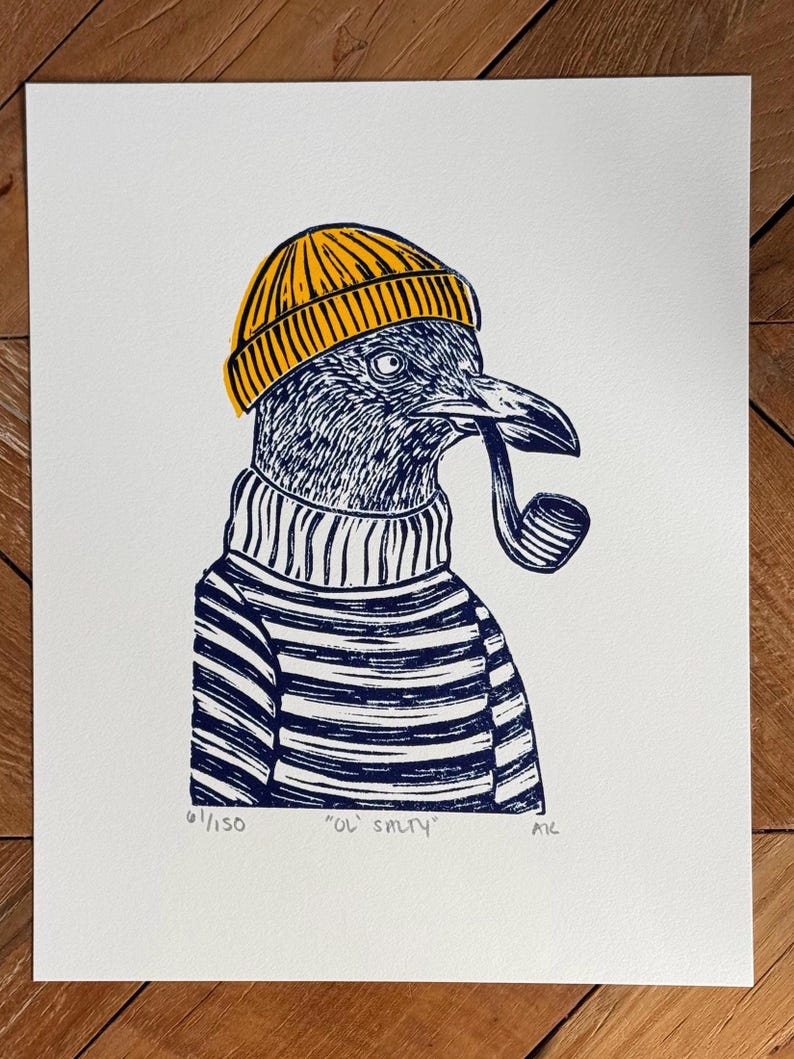 Ol’ Salty Seagull Linocut Print Yellow