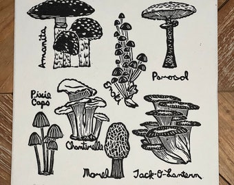 Mushroom (Fungi) Linocut Print