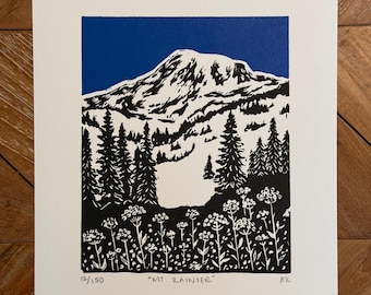 Mt. Rainier National Park Linocut Print