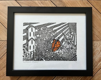 Butterfly Garden Linocut Print