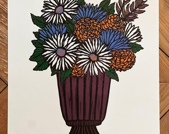 Fall Flower Bouquet Linocut Art Print