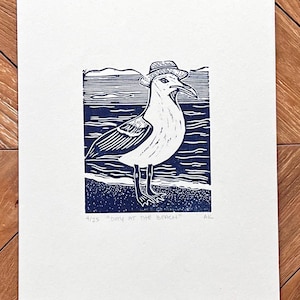 Day At The Beach Seagull Linocut Print