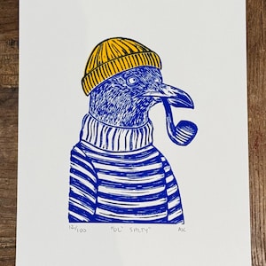 Ol’ Salty Seagull Linocut Print Ultramarine