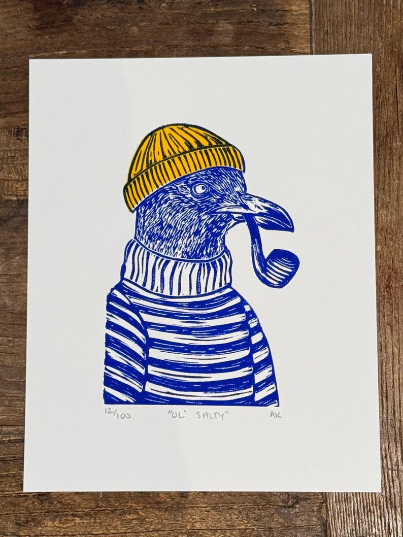 Ol’ Salty Seagull Linocut Print Ultramarine