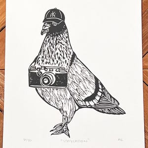 Staycationing Pigeon Linocut Art Print