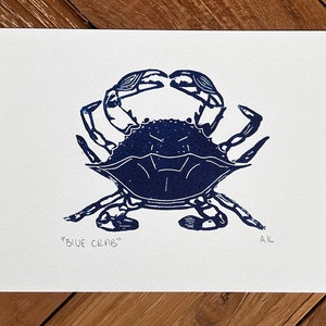 Blue Crab Linocut Print White Paper