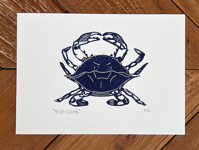 Blue Crab Linocut Print White Paper