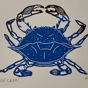 Blue Crab Linocut Print Multi on Grey