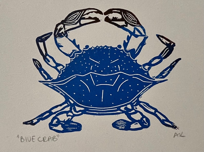 Blue Crab Linocut Print Multi on Grey