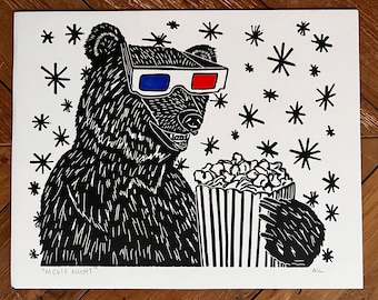 Movie Night Linocut Print