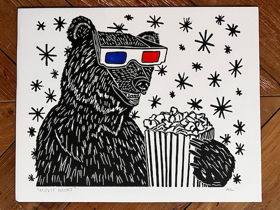 Movie Night Linocut Print