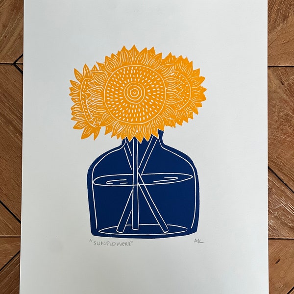 Grabado en linóleo de girasoles