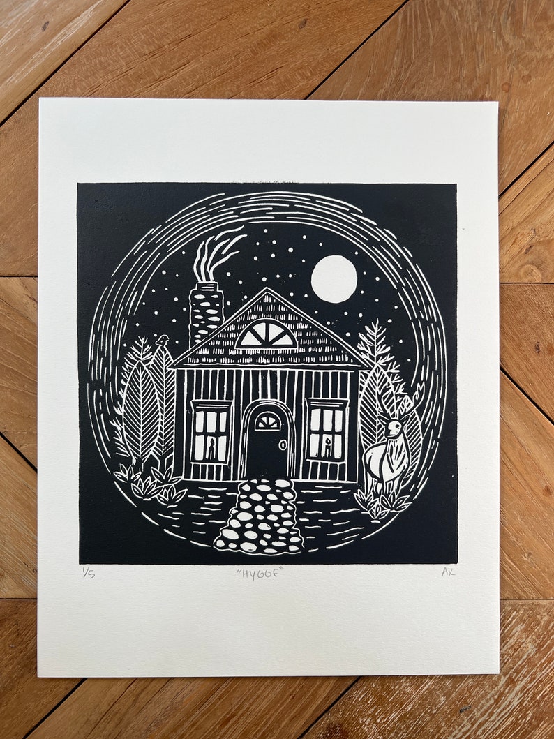 Hygge Cabin in the Woods Linocut Print image 3