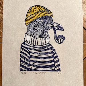 Ol’ Salty Seagull Linocut Print Yellow-Mulberry