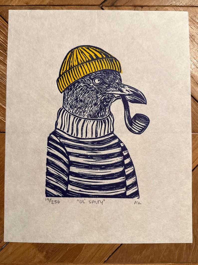 Ol’ Salty Seagull Linocut Print Yellow-Mulberry