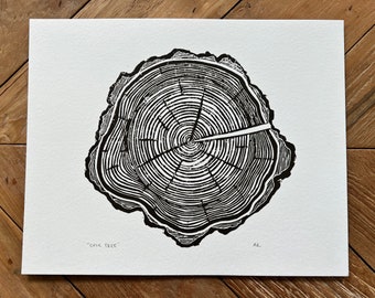 Oak Tree Ring Linocut Art Print