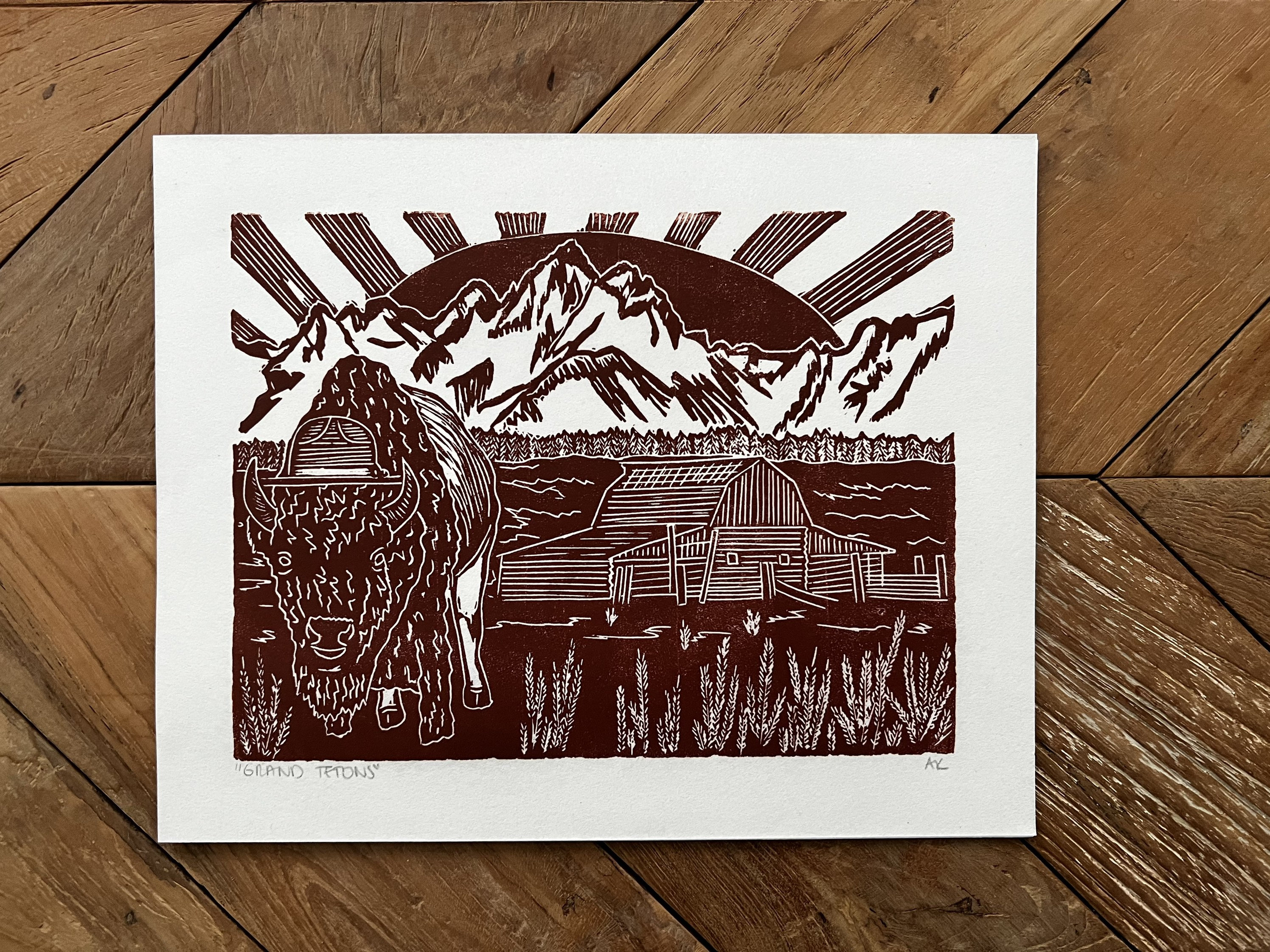 Grant Teton National Park Linocut Art Print