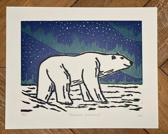 Aurora Borealis Polar Bear Linocut Art Print