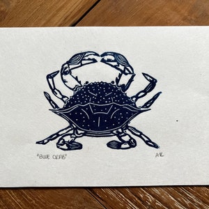 Blue Crab Linocut Print Mulberry Paper