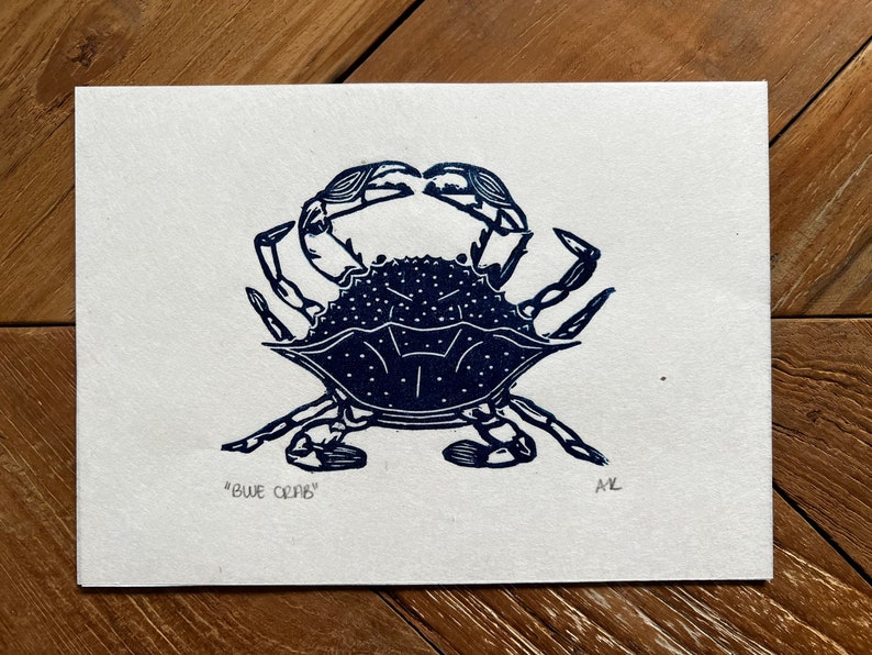 Blue Crab Linocut Print Mulberry Paper