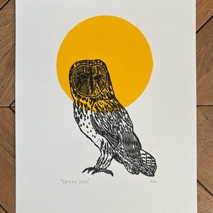 Impression linogravure effraie des clochers