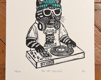 DJ Cat Scratch Linocut Print