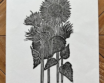 Sunflower Stalks Linocut Print
