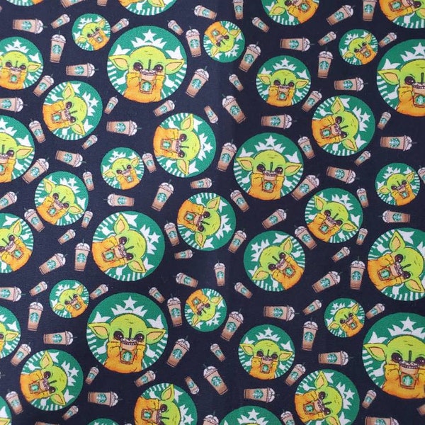 Baby Alien Drinking Coffee 100% Cotton Woven Fabric yard, 1/2 yard, fat quarter, or tumbler cut