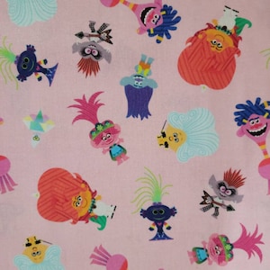 World Tour Trolls 100% Cotton Fabric by the  yard, 1/2 yard, Quarter yard, or Fat Quarter, Poppy , Branch