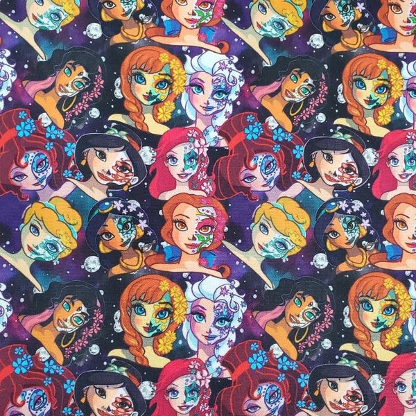 Floral Face Princesses 100% Cotton Woven Fabric yard, 1/2 yard, fat quarter, or tumbler cut, Sugar Skull, Halloween, Spooky