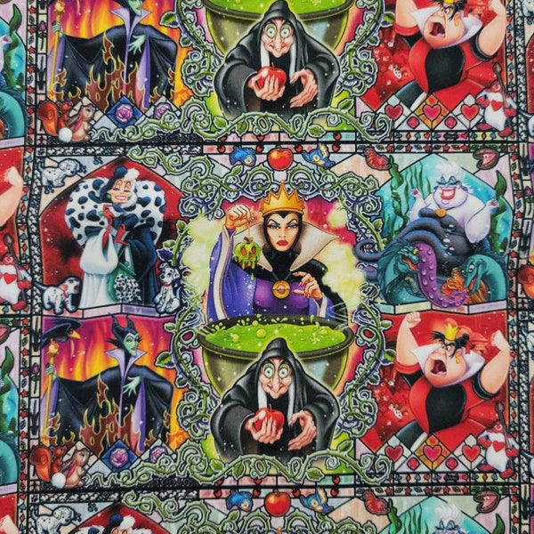 Villains 100% Cotton Woven Fabric yard, 1/2 yard, fat quarter, or tumbler cut  Ursula, Cruella, Queen of Hearts, Maleficent, Halloween