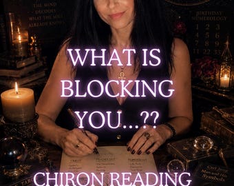 May include: A person writing on a document titled Chiron Reading with text What is blocking you...??, surrounded by candles, tarot cards, a crystal ball, and books including Man and His Symbols, with a tree illustration on the central paper.